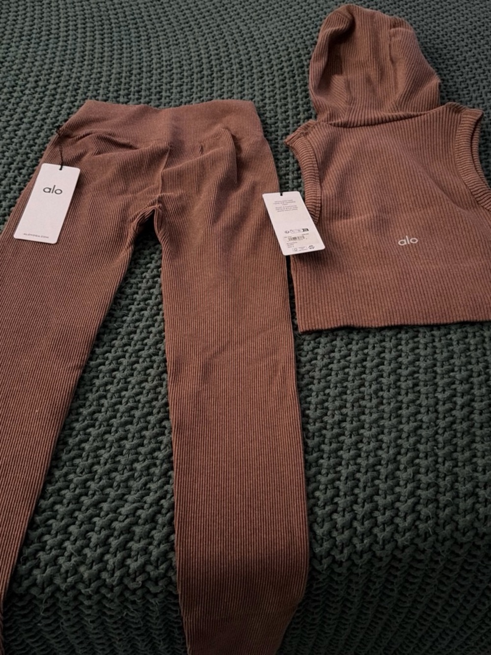 ALO Yoga Ribbed Legging and Cropped Hooded Tank — Chocolate Brown - Picture 2 of 2